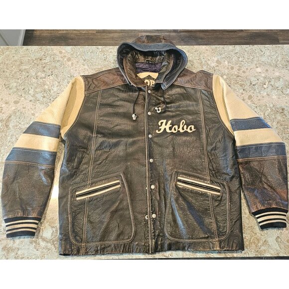 Vintage HOBO Leather Jacket XL Brown Tan Blue Hooded Varsity Style  90s - Picture 1 of 16